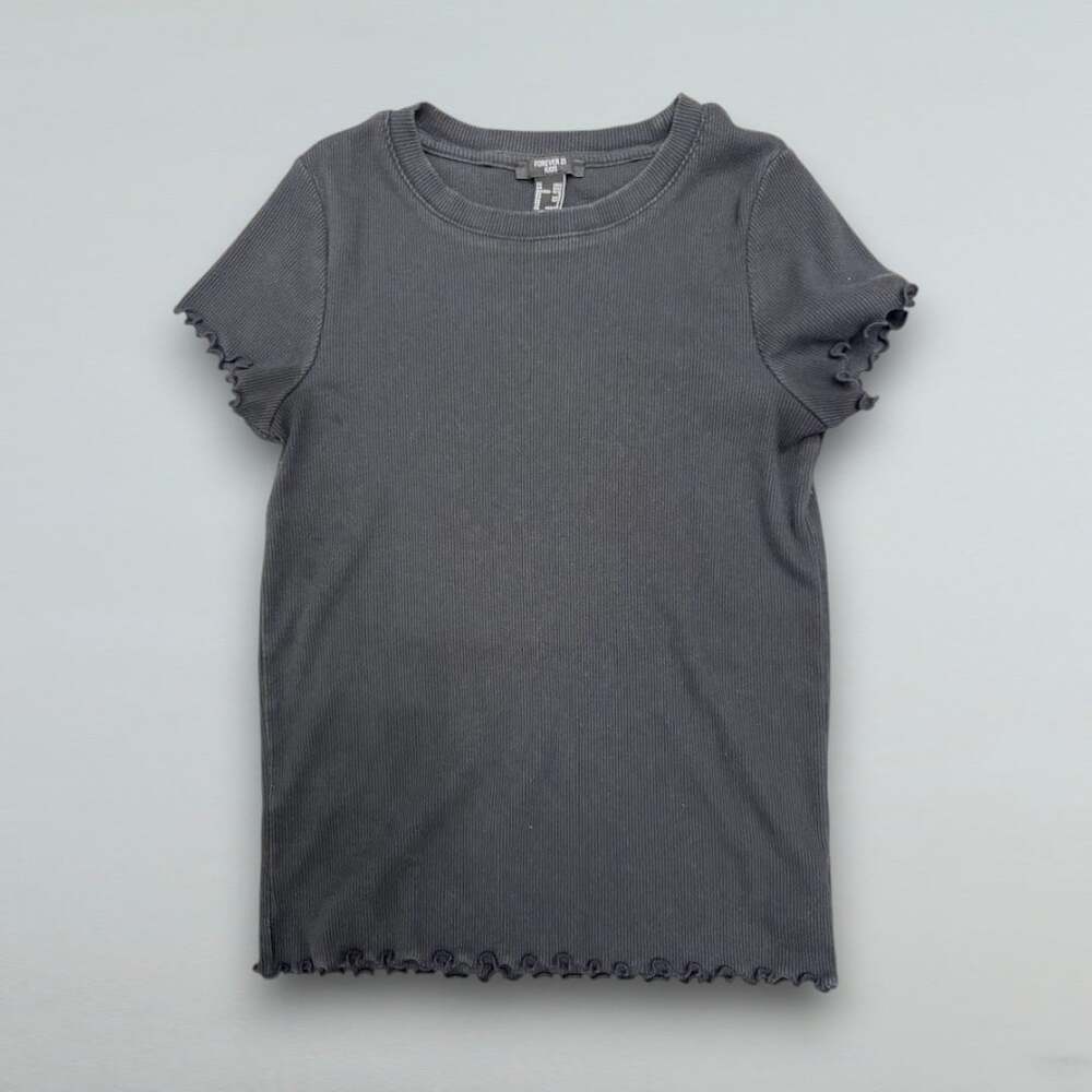 Black Ribbed Lettuce Edge Short Sleeve T-Shirt Girls Size 11/12